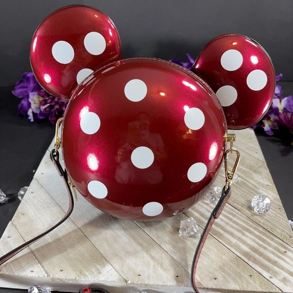 boutique Handbags - Glossy Red Small Minnie Mouse-Icon Mickey Head Shaped Polk Dot Crossbody Purse